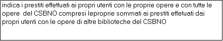 Casella di testo: indica i prestiti effettuati ai propri utenti con le proprie opere e con tutte le opere  del CSBNO compresi leproprie sommati ai prestiti effetuati dai propri utenti con le opere di altre biblioteche del CSBNO