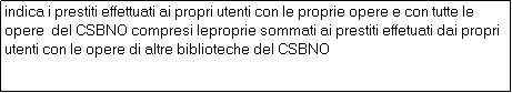 Casella di testo: indica i prestiti effettuati ai propri utenti con le proprie opere e con tutte le opere  del CSBNO compresi leproprie sommati ai prestiti effetuati dai propri utenti con le opere di altre biblioteche del CSBNO