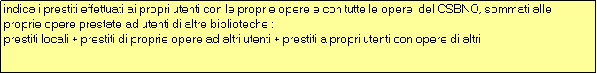 Casella di testo: indica i prestiti effettuati ai propri utenti con le proprie opere e con tutte le opere  del CSBNO, sommati alle  proprie opere prestate ad utenti di altre biblioteche :
prestiti locali + prestiti di proprie opere ad altri utenti + prestiti a propri utenti con opere di altri