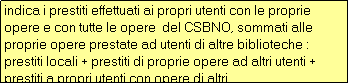 Casella di testo: indica i prestiti effettuati ai propri utenti con le proprie opere e con tutte le opere  del CSBNO, sommati alle  proprie opere prestate ad utenti di altre biblioteche :
prestiti locali + prestiti di proprie opere ad altri utenti + prestiti a propri utenti con opere di altri