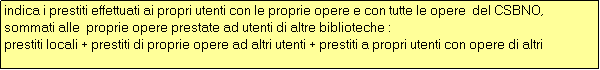 Casella di testo: indica i prestiti effettuati ai propri utenti con le proprie opere e con tutte le opere  del CSBNO, sommati alle  proprie opere prestate ad utenti di altre biblioteche :
prestiti locali + prestiti di proprie opere ad altri utenti + prestiti a propri utenti con opere di altri