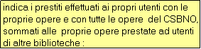 Casella di testo: indica i prestiti effettuati ai propri utenti con le proprie opere e con tutte le opere  del CSBNO, sommati alle  proprie opere prestate ad utenti di altre biblioteche :
prestiti locali + prestiti di proprie opere ad altri utenti + prestiti a propri utenti con opere di altri