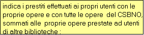 Casella di testo: indica i prestiti effettuati ai propri utenti con le proprie opere e con tutte le opere  del CSBNO, sommati alle  proprie opere prestate ad utenti di altre biblioteche :
prestiti locali + prestiti di proprie opere ad altri utenti + prestiti a propri utenti con opere di altri